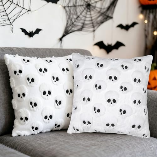 Halloween Throw Pillow Covers 18 in x 18 in, White Jacquard Plush Faux Fur Pillow Cases Embroidered Skull Couch Covers Set of 2 - color: White Skull