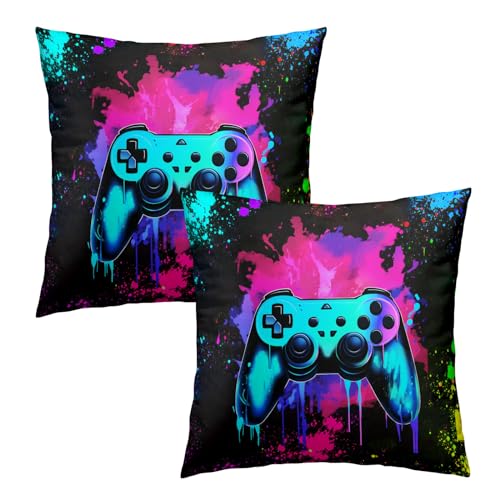 Blue Game Joystick Pillow Covers 16x16 Inch Set of 2, Colorful Abstract Graffiti Paint Splatters Throw Pillow Covers Square Black Cotton Cushion Cover for Home Couch Sofa Patio Bedroom Livingroom - color: Game Joystick240103, size: 16" x 16" (Pack of 2)