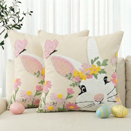 AVOIN colorlife Easter Spring Rabbit Floral Embroidered Throw Pillow Covers, 18 x 18 Inch Butterfly Bunny Tufted Patterned Linen Decoration Cushion Case for Sofa Couch Set of 2 - size: 18" x 18" (Pack of 2)
