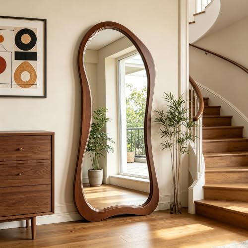 Large Irregular Floor Mirror, 67"x31.5" Organic Shape Mirror with Solid Wood Frame, Asymmetrical Full Length Mirrors for Entryway Hallway Bedroom Cloakroom Living Room, Leaning/Wall-Mounted - color: Walnut Wood Frame, size: 67"L x 31.5"W