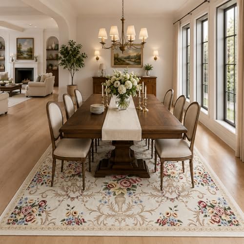 Helthep 5x7 Vintage Floral Area Rug, Washable Low Pile Rug for Living Room, Pet Friendly Easy Clean Non Slip Rug, Soft Farmhouse Boho Rug for Bedroom Dining Room Home Office - color: White, size: 5' x 7' (Rectangular)