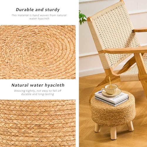Handwoven Round Ottoman, Natural Water Hyacinth Outdoor Patio Pouf Seagrass Low Stool with Wood Legs, Soft Padded Footrest for Living Room Bedroom Garden, Natural - color: Natural, size: 13"D x 13"W x 10.6"H