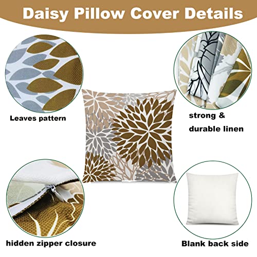 COMMINY Brown Grey Pillow Covers 18x18 Set of 6 Decorative Daisy Flower Throw Pillow Cover for Couch Modern Coffee Pillow Case for Patio Living Room Cushion Bed Farmhouse Home Decor - color: Grey Brown, size: 18" x 18" (Pack of 6)