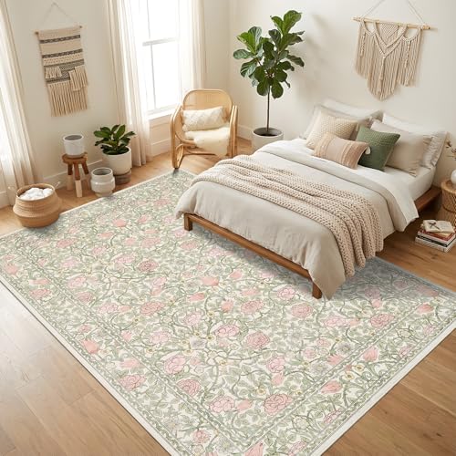 GarveeHome Pink and Green Vintage Floral Washable Rugs 5x7 for Living Room Boho Retro Botanical Rug Low Pile Stain Resistance Non Slip Carpet for Bedroom Nursery Dining Room - color: A Beige / Pink, size: 5' x 7' (Rectangular)