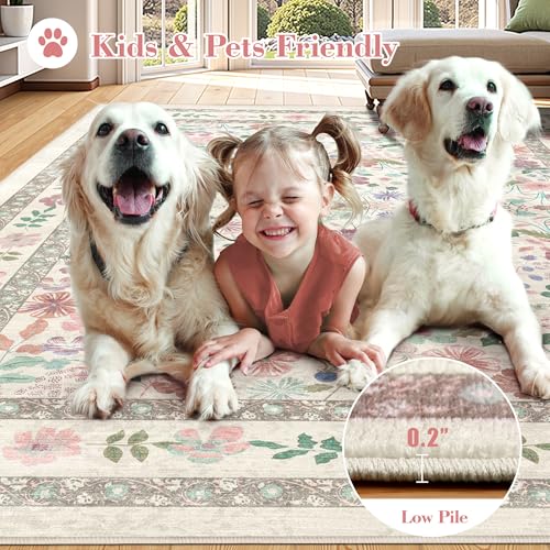 Deerly Vintage Washable Extra Large Area Rug 10x12 for Living Room Floral Rug Soft Low Pile Indoor Carpet for Bedroom Boho Non-Slip Floor Mat for Dining Room Playroom, Beige/Light Pink/Multi - color: Beige/Light Pink/Multi, size: 10' x 12' (Rectangular)