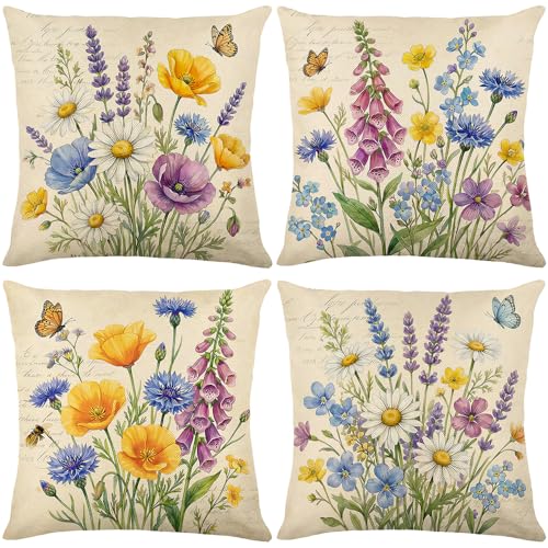 wyooxoo Throw Pillow Covers 16x16 Set of 4 Spring Pillow Covers Linen Flower Farmhouse Cushion Case for Sofa Couch Living Room Outdoor Home Decor - color: Color Q, size: 16" x 16" (Pack of 4)