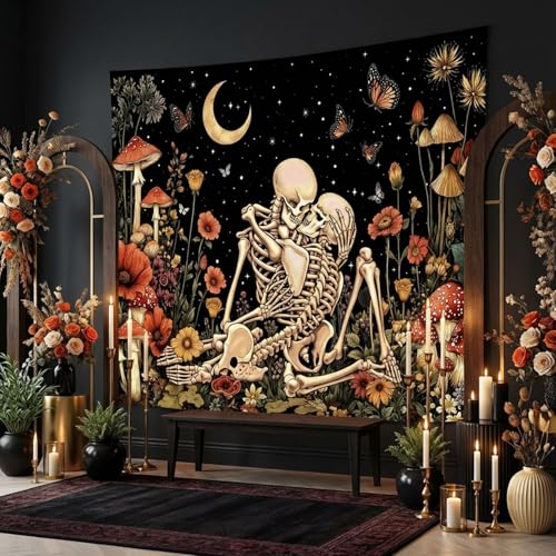 Lifeel Skeleton Lovers Tapestry, The Kissing Lovers Boho Aesthetic Skull Gothic Tapestry for Bedroom Living Room, 60x80 inches - color: Black1, size: 80"L x 60"W