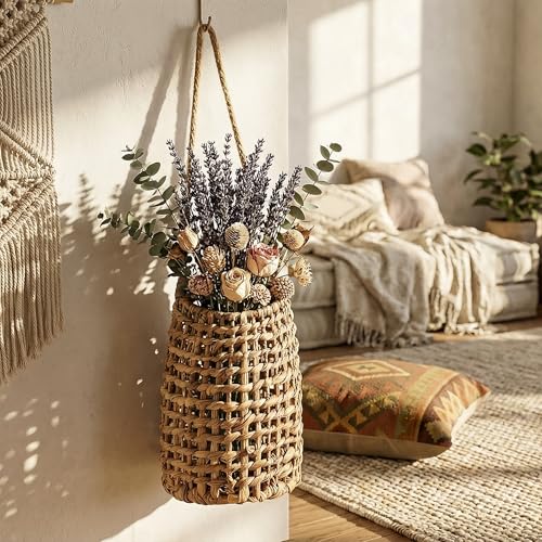 Hiceeden Woven Front Door Basket, Water Hyacinth Hanging Wall Flower Basket, Wall Decor Boho Decoration Veggies Storage Basket for Home, Pantry, Garden, Farmhouse - style: Bohemian