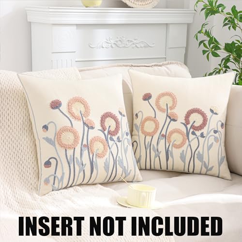 Embroidered Throw Pillow Covers 18x18 Set of 2 Vintage Blowball with Blue Leaves Pillow Cushion Case Decorative Pillowcases Square Rustic Floral Pillow Case Summer Fall Autumn Home Decor - color: Blowball