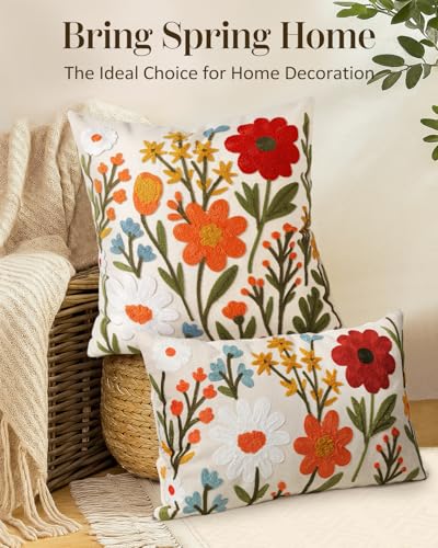 Embroidered Lumbar Pillow Cover 20x12 Inch - Spring Summer Boho Decorative Pillow Cover with Zipper for Living Room Couch Sofa Bed Aesthetic Design Flower Cluster Cushion Pillowcase - color: Flower Cluster, size: 20" x 12" (Pack of 1)