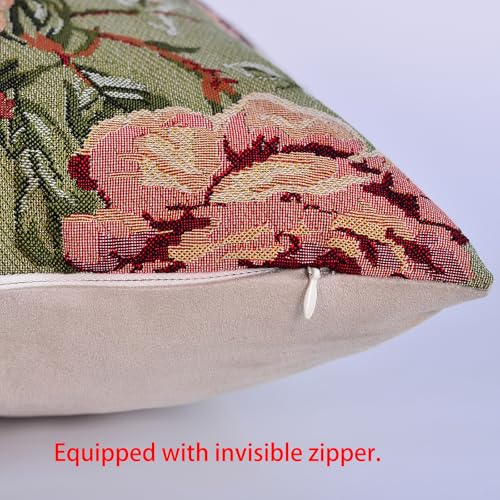 Floral Lumbar Jacquard Woven Throw Pillow Cover, Moss Green & Vintage Rose Decorative Cushion Case with Beige Faux Suede Back, 12x18 Inch, Cover Only No Insert - color: Vintage Olive & Dusty Rose Floral