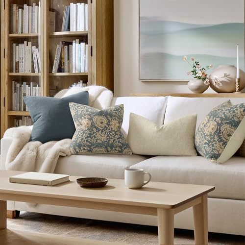 Vintage Floral Print Throw Pillow Covers 12x20 Set of 2 Neutral Modern Farmhouse Pillow Cases Accent Decorative Cushion Covers Boho Home Decor for Couch Sofa Chair Bed Living Room, Dusty Blue - color: Dusty Blue, size: 20" x 12" (Pack of 2)
