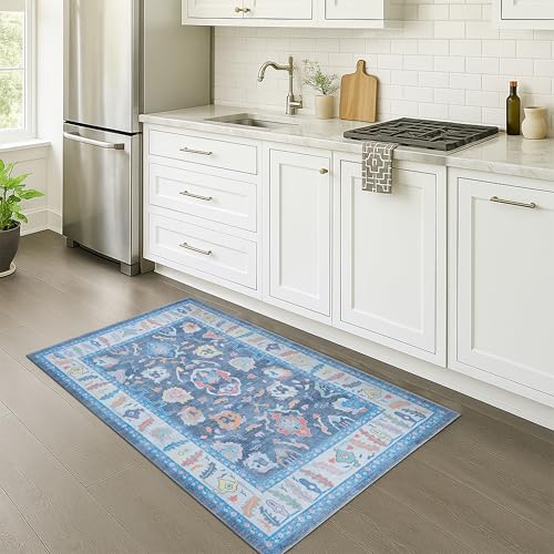 Fame Rugs Blue Modern Oushak Rug 3x5, Washable Vintage Turkish Colorful Oriental Antique Inspired Foldable Small Area Rugs, Luxury Living Room Bedroom (387BNB, 2'6" x 5') - color: 387bnb, size: 2'6" x 5' (Runner)