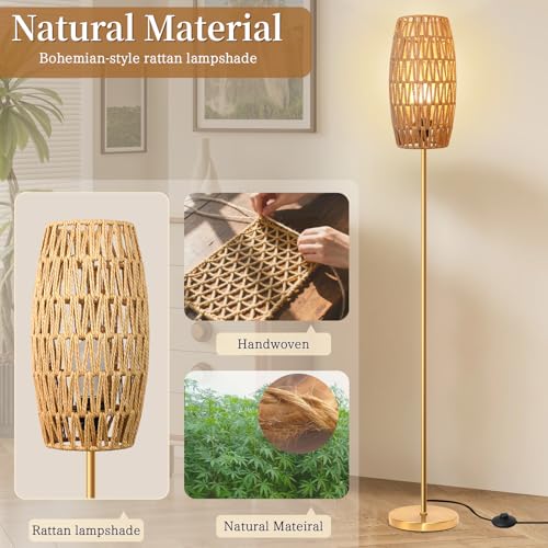 Ruiever Floor Lamp for Living Room,Farmhouse Floor lamp,Modern Standing lamp with Hand-Worked Rattan Shade (Drum Rattan Shade Body Gold Color-3 Color Bulb) - style: Drum Rattan Shade Body Gold Color-3 Color Bulb