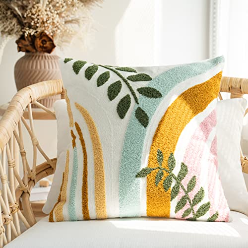 Stylish Bohu Colorful Throw Pillow Covers 18x18,Soft Mid Century Floral Minimalist Geometric Line Aesthetic Embroidered Throw Pillowcases for Couch Sofa Bedroom Living Room,1PC - color: Brown,green,wathet,pink