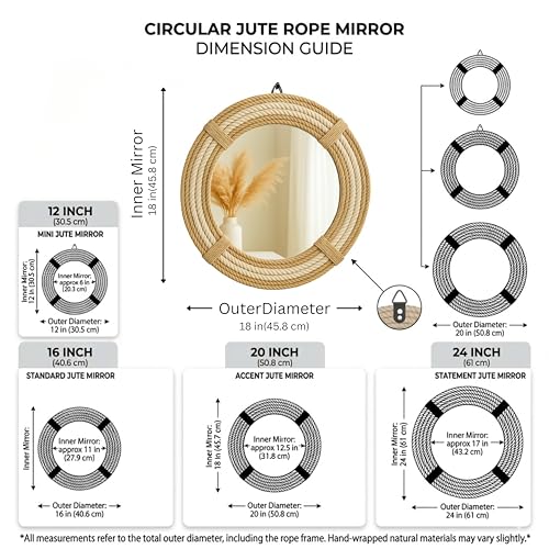 12" Inch Round Rustic Farmhouse Boho Shabby Chic Wall Hanging Mirror with Natural Jute Rope Decor Accent for Entryway, Bedroom, or Living Room (Color 5) - color: Color 5
