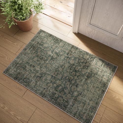 Machine Washable Throw Rugs for Entryway: Door Mat Indoor Entrance 2x3 Rug Boho Small Area Rug Non-Slip Low Pile Kitchen Rug for Front Door Indoor Entrance Entry Kids Room - color: Dark Green, size: 2' x 3' (Rectangular)