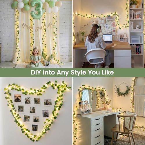 HEYFUNi 23FT Eucalyptus Garland with Fairy Lights, USB & Battery | 73 LEDs, remote timer memory, 8 modes, greenery leaf vine lights for bedroom, wall, wedding, party, summer dorm decor - color: Eucalyptus, size: 73 LED-USB & Battery
