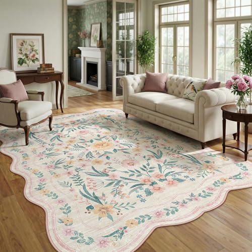 8x10 Scalloped Rug for Living Room, Pink Floral Rug for Girls Bedroom,Washable Rugs Soft Low Pile Non Slip Rugs for Nursery College Bedroom Decor Kids Room Playroom - color: Pink Scalloped, size: 8' x 10' (Rectangular)