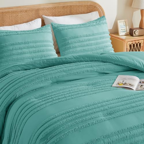 BEDELITE Boho King Size Comforter Set - Aqua Tufted Striped Bed Set 3 Pieces, Soft Vintage Farmhouse Comforter for All Seasons, Boho Home Decor,Fluffy Jacquard Bedding with Pillow Sham - color: Aqua, size: King
