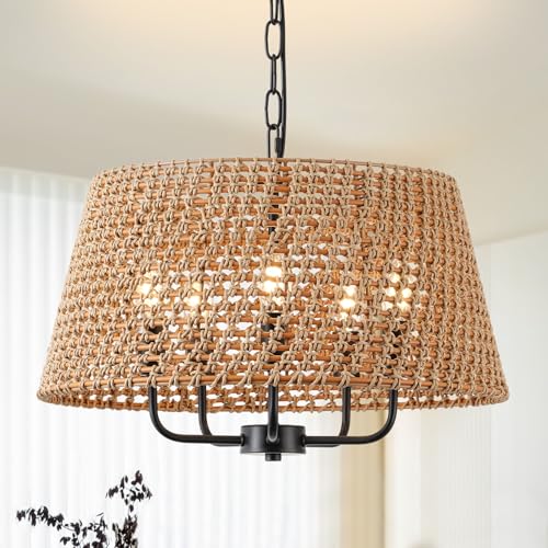 20" Large Rattan Chandeliers for Dining Room, 5-Light Farmhouse Wicker Boho Chandelier with T-Shape Shade Rattan Ceiling Pendant Light Fixture for Bedroom Hallway Kitchen Island(Black) - color: Black 5-Light 20" T-Shape