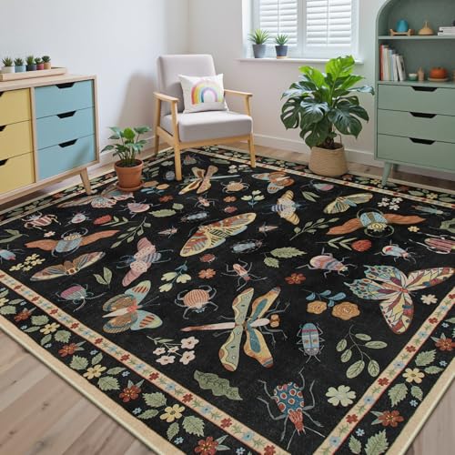 Beeiva Insect Print Rug 5x7, Washable Rugs for Living Room, Boho Non Slip Low Pile Ultra Thin Foldable Large Carpet for Office Bedroom Kids Room Playroom Apartment Dorm Classroom Decor(Black,5x7ft) - color: Black, size: 5' x 7' (Rectangular)