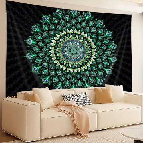 FENDROM Bohemian Mandala Tapestry Hippie Tapestries Psychedelic Green Peacock Boho Wall Hanging for Bedroom Living Room Tablecloth - color: Y10, size: 90"L x 70"W
