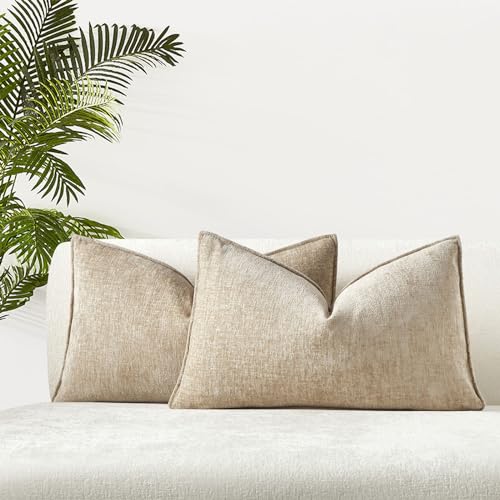 JUSPURBET Set of 2 Beige Chenille Lumbar Throw Pillow Covers 16x24 Inch Soft Textured Decorative Cushion Cases for Couch Sofa Bed Solid Home Decor Pillowcases - color: Beige, size: 24" x 16" (Pack of 2)