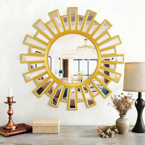 23.6" Sunburst Round Mirror, Gold Sun Decorative Wall Mirror, Design for Fireplace Mantel Foyer Entryway Bedroom, Modern Glam Sunflower Wall Art | Easy Hanging Wall Decor for Living Room - color: Sunflower Gold