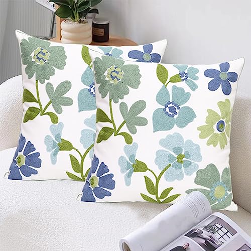 Pack of 2 Embroidered Decorative Throw Pillow Cover 18x18 Inch Farmhouse Floral Pillowcase for Living Room Sofa Bed (Grass Flower) - color: Grass Flower