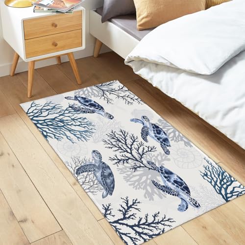 Summer Coastal Outdoor Door Mat 2x3 Nautical Coral Sea Turtle Entryway Area Rug Navy Blue Beach Theme Small Low Pile Front Doormat Washable Throw Rugs for Living Room Bedroom Kitchen - color: Coastal Turtle