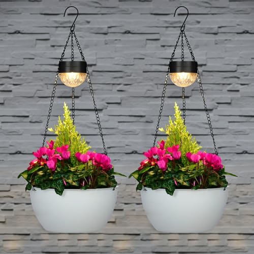 BAYN 2 Packs Solar Hanging Basket Planters for Plants Outdoor, Self Watering White Flower Plants Pots with Solar Light Drainer for Balcony Patio Garden Outdoor Decoration - color: White