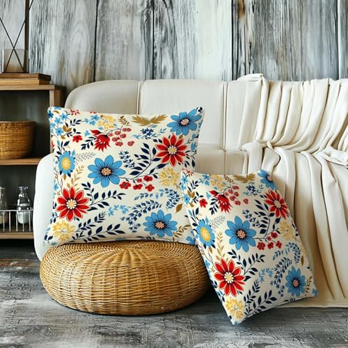 Firmiso Vintage Floral Throw Pillow Covers 18x18 Set of 2 | Flower Decorative Cushion Covers for Couch Sofa Bed | Classic Cottage Style Home Decor Pillow Cases | Beige Blue Red Yellow Accent - color: Boho Floral