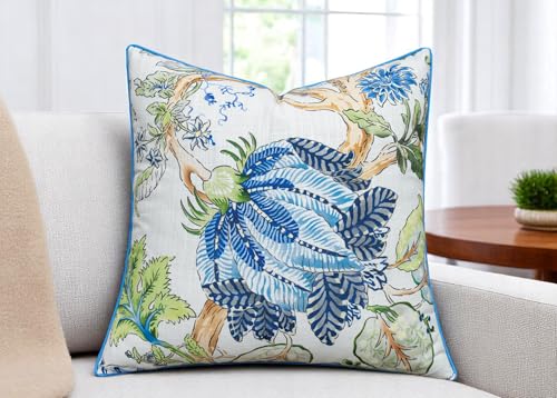 VAGMINE Chinoiserie Floral 20x20 Inch Throw Pillow Cover - Blue Green Botanical Print On Textured Polyester - Cushion Case for Couch Sofa - Grandmillennial Decor - Reuben - color: Reuben Floral, size: 20" x 20" (Pack of 1)