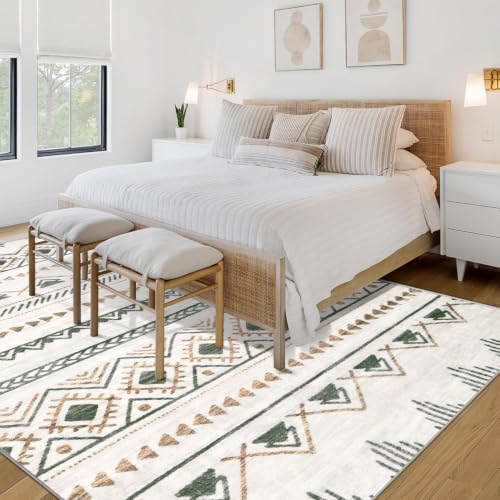Area Rug for Living Room 10x14: Large Washable Boho Moroccan Rugs Geometric Neutral Rug, Non-Slip Foldable Morden Farmhouse Indoor Floor Carpet for Bedroom Dining Room Home Office（Brown Green,10'x14'） - color: Brown/Green, size: 10' X 14' (Rectangular)