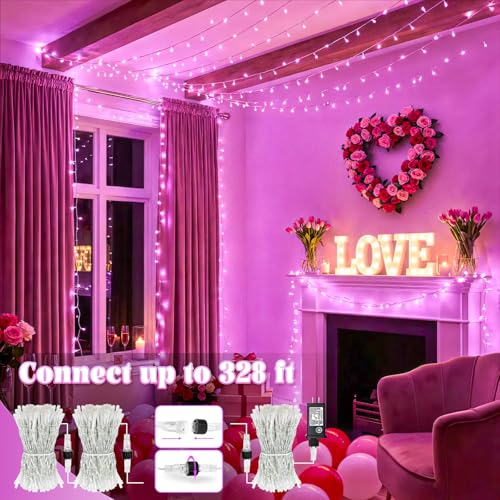 66FT 200 LED Outdoor String Lights, Plug in Connectable Christmas Lights Indoor, Waterproof 8 Modes Twinkle Fairy Lights Clear Wire for Bedroom Home Wedding Patio Patry Decorations, Pink - color: Pink, size: 66ft 200LED