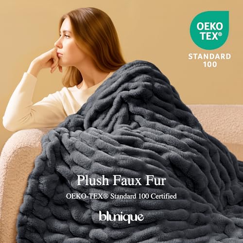 Faux Rabbit Fur Throw Blanket, Soft Plush Cozy Blanket for Couch Bed, Thick Fluffy Ruched Decorative Blanket,Giftable,50"x60",Charcoal Grey - color: Charcoal Grey, size: Throw(50"x60")