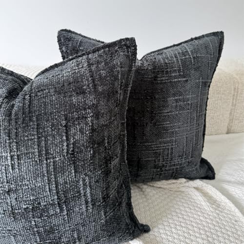 OYIMUA Black 18x18 Chenille Pillow Covers Set of 2 | Farmhouse Decorative Textured Pillow Cases for Living Room Couch & Bed | Soft Luxury Accent Throw Pillows with Elegant Design - color: Black, size: 18" x 18" (Pack of 2)