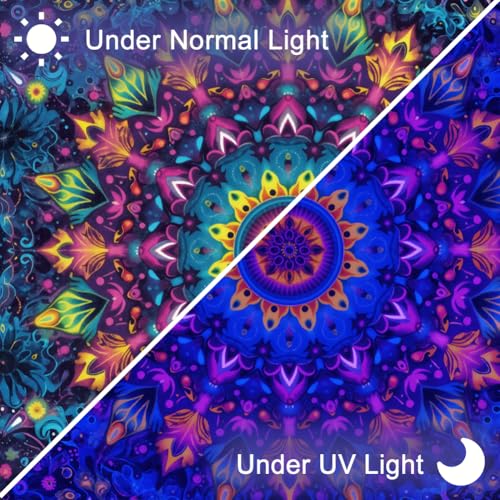 CRAFTYMELODY Mandalas Blacklight Tapestry Glow in the Dark Tapestry UV Reactive Multicolor Mandalas Wall Hanging 59×51 Inch with Hook Self Adhesive Sticker Clip for Bedroom Home Wall Decoration - color: Mandalas