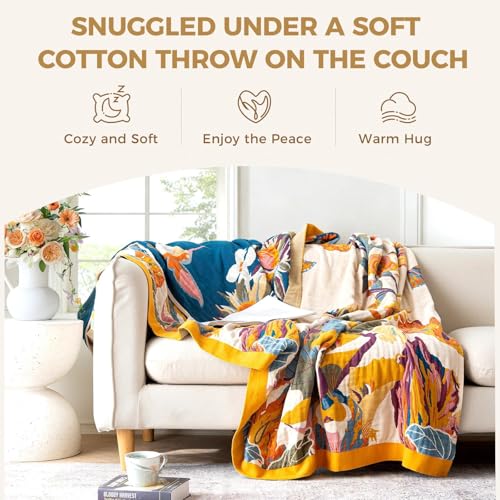 LUTBM Boho Throw Blanket 100% Cotton Soft Bed Throw Twin Lightweight Summer Blanket Floral Bird & Butterfly Room Decor Breathable Bed Blankets,60"x80" All Season Reversible Blankets for Couch Chair - color: Boho-floral-h, size: 60"×80"
