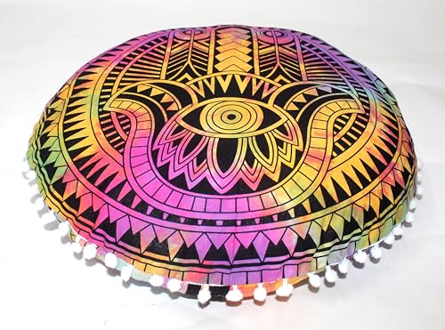 Round Mandala Floor Pillow Cover Seating Cushion Throw Cover Hippie Decorative Bohemian Ottoman Pouf Cover, Pom Pom Pillow Cases,Boho Indian 32 Inches Multi Hamsa - color: Multi Color, size: 32" Round