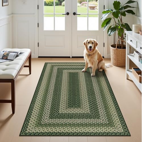 Ileading Faux Braided Area Rug 3'x5' Washable Farmhouse, No-Shed Non-Slip Woven Carpet, Pet Friendly Stain Resistant Jute Style Rug for Kitchen Bedroom Bathroom Entryway - color: Multi Color-green, size: 3' x 5'(Rectangular)