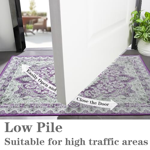 Foxmas Small Rugs for Entryway 2x3 Feet, Non-Slip Doormat Indoor Entrance Vintage Washable Area Rug, Low Pile Throw Rugs for Entryway Bedroom Kitchen Living Room, Purple - color: Purple, size: 2' X 3' (Rectangular)
