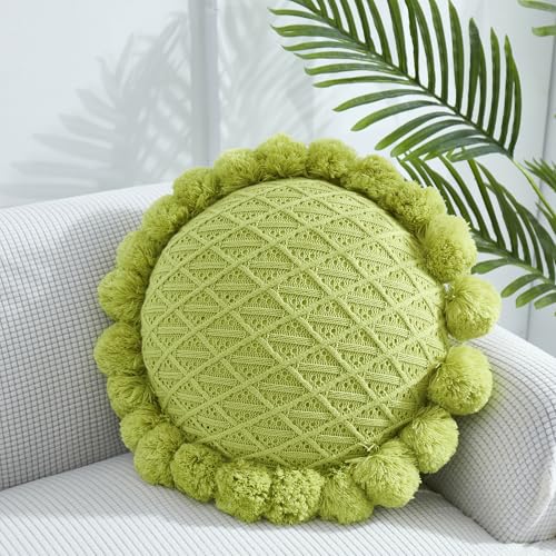 Acrylic Knitted Round Throw Pillow Knitting Bohemian Circular Cushion Pillow with Knit Handmade Pompoms Decorative Apple Green, Diameter 18inches - color: Apple Green