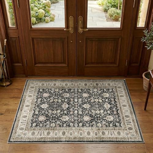 jinchan 3x5 Washable Vintage Area Rug, Distressed Traditional Floral Entryway Accent Rug, Soft Low-Pile Non-Slip Floor Mat for Indoor Foyer, Kitchen Sink Bedroom Bathroom Vanity, Black - color: Oriental Taupe on Black, size: 3' x 5' (Rectangular)