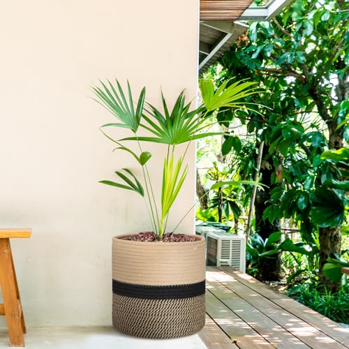 Plant Basket with Stand Indoor Planter Pot Holder Sturdy Jute Rope Modern Woven Basket, Cotton Rope Woven Pot with Bamboo Stand(10 Inch,Black and Beige Stripes) - color: Black and Beige Stripes, size: 10 Inch
