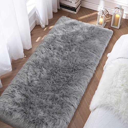 Grey Fluffy Rug for Bedroom, 2'X6' Faux Fur Rug for Runner, Gray Soft Shag Rug for Sofa Couch Cushion, Cozy Shaggy Fuzzy Plush Floor Carpet for Nursery, Cute Bedside Dorm Home Decor Rectangle - color: Grey, size: 6' x 2' (Rectangular)