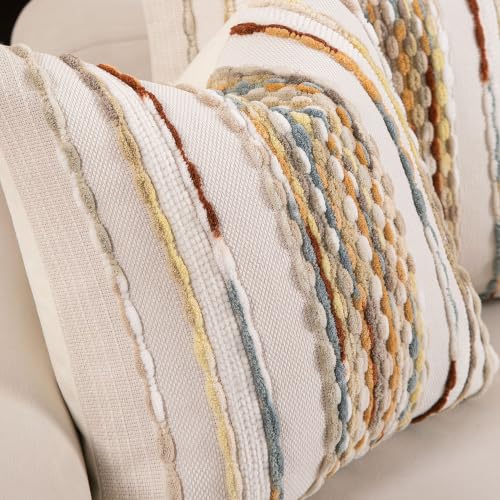 Boho Striped Throw Pillow Covers 18x18 Inch Set of 2 Farmhouse Square Decorative Pillow Covers Chenille Tufted Accent Neutral Pillowcase Yellow Brown Cushion Cover for Couch Sofa Bed - color: Yellow Brown