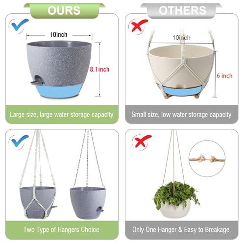 Meowell Self Watering Hanging Planters 10 inch, 2 Pack Hanging Flower Pots for Indoor Outdoor Plants, Hanging Baskets with Drainage Holes & 2 Kinds of Plant Hangers for Garden Decor, Speckled Grey - color: Grey With White Speckles