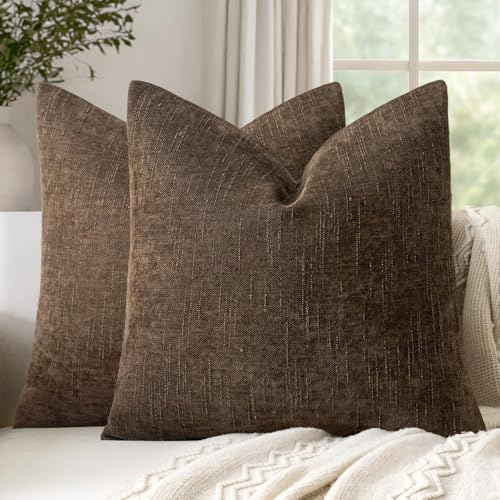 Set of 2 Textured Throw Pillow Covers Decorative Soft Accent Square Chenille Pillowcases Neutral Farmhouse Cushions Modern Home Decor for Couch Sofa Bedroom Living Room 18x18 Inch,Chocolate - color: Chocolate, size: 18" x 18" (Pack of 2)